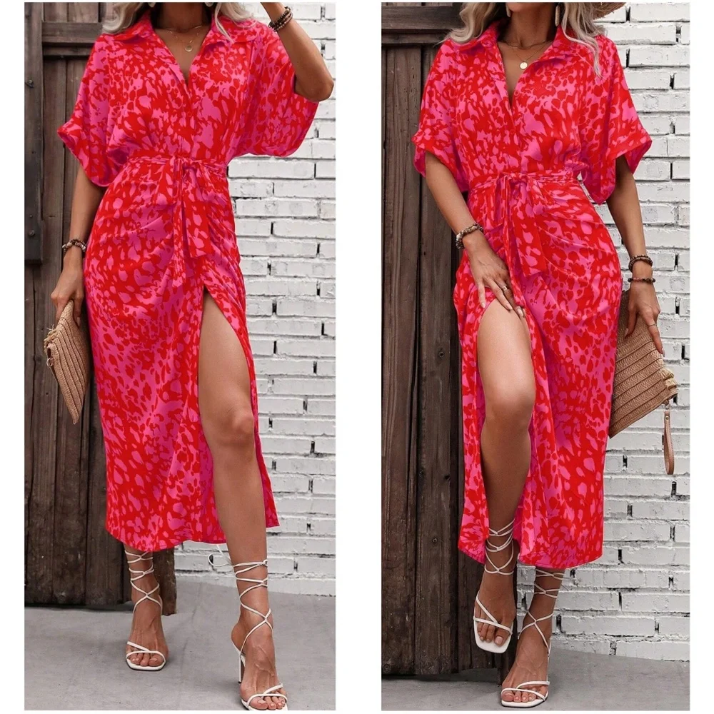Leopard Print Button up Kimono Sleeve Shirt Dress - Picture 2 of 7